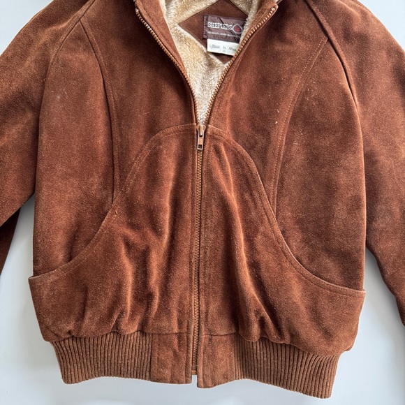 Vintage Sheplers Western Suede Leather Shearling Lined Hooded Jacket Sz 14 / M - Picture 4 of 10